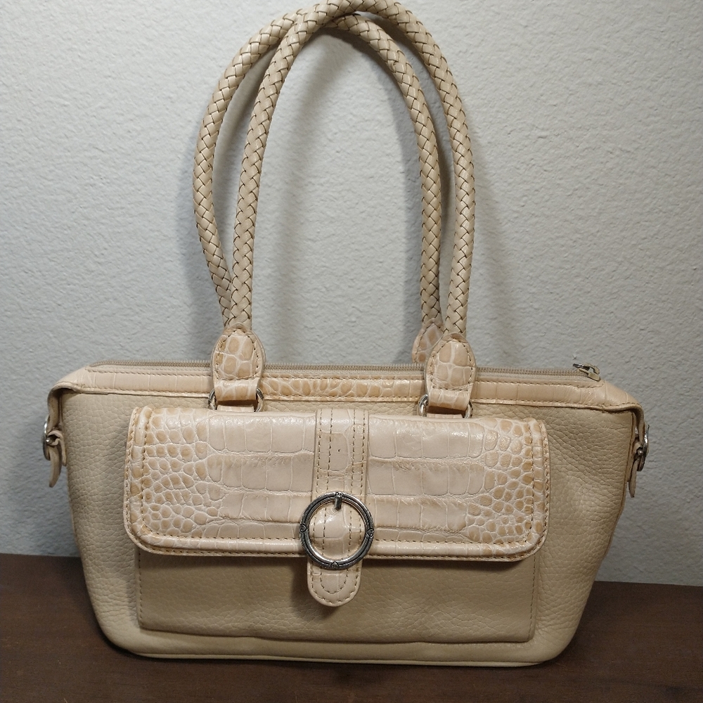 BRIGHTON Sand Beige Cream Pebbled Leather Handbag Purse C849827 Braided Handles